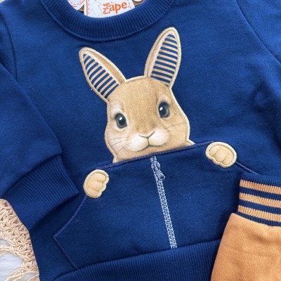 Conj. Casaco Coelhinho e Calça de Moletom - Marinho e Caramelo